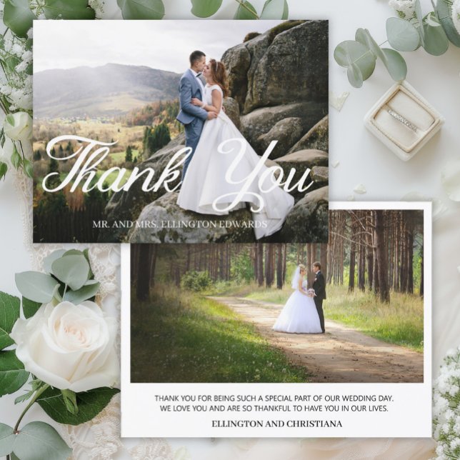 Elegant Script Bröllop Tack 2-foto Vykort (Elegant calligraphy script, 2-photo wedding "Thank you" card)