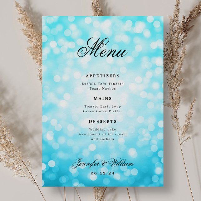 Elegant Script Bröllop Turquise Bokeh Ljus Meny (Elegant Script Wedding Turquoise Bokeh Lights Menu)