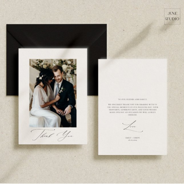 Elegant Script Bröllopsfoto  Tack Kort (modern wedding photo thank you card, double side thank you card, minimalist dainty script wedding)