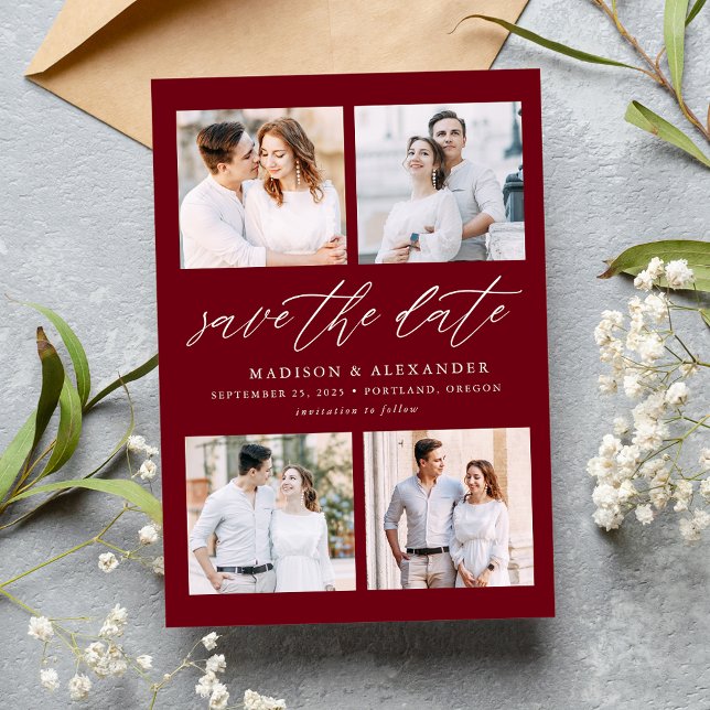 Elegant Script Burgundy 4 Foto Collage Spara Datumet (Skapare uppladdad)