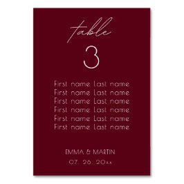 Elegant Script Burgundy Bröllop-sätesdiagram Bordsnummer