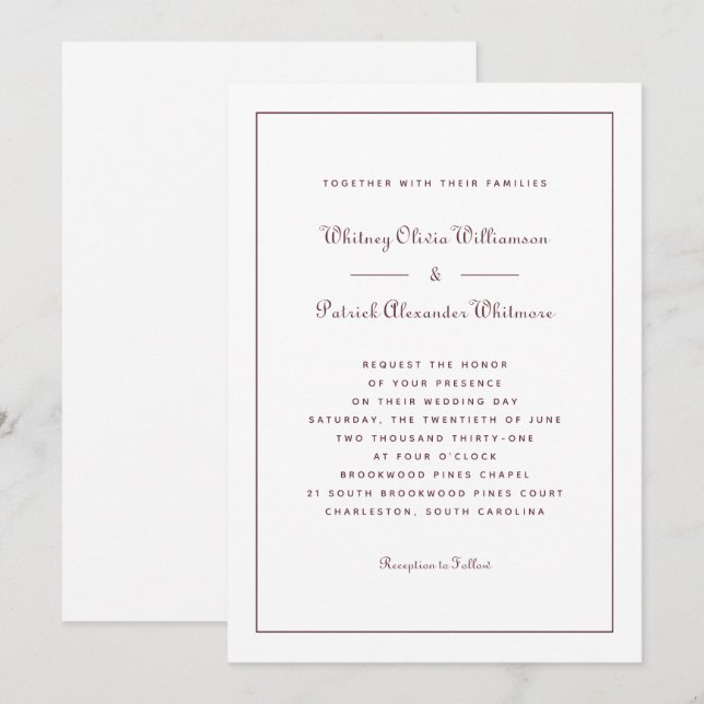 Elegant Script Burgundy Classic Formal Bröllop Inbjudningar (Fram/baksida)