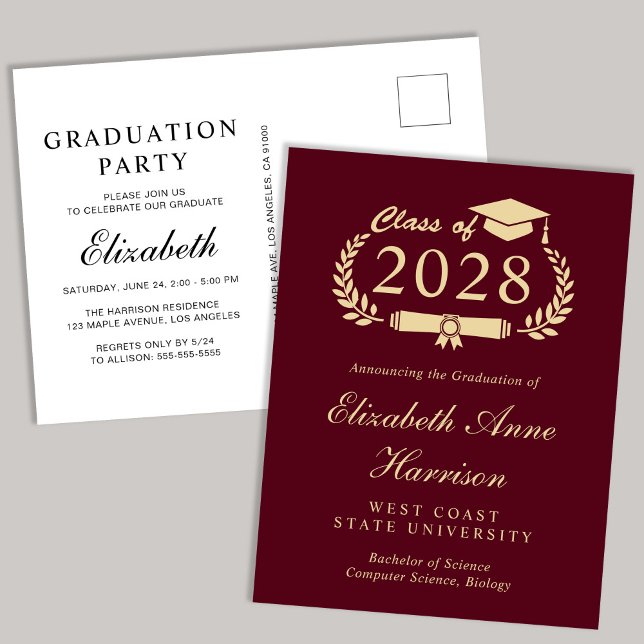 Elegant Script Burgundy College Graduation Party Inbjudan Vykort (Skapare uppladdad)