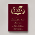 Elegant Script Burgundy Guld College Graduation Meddelande<br><div class="desc">Modern studentexamen i rött högskola med "klass av" i ett lätt guld illustration av en lagerkrans med en graderingshäftare och diplom och student namn i ett elegant ljust guld-skript. Lägg till deras skola,  stora,  ära eller framtida planer.</div>