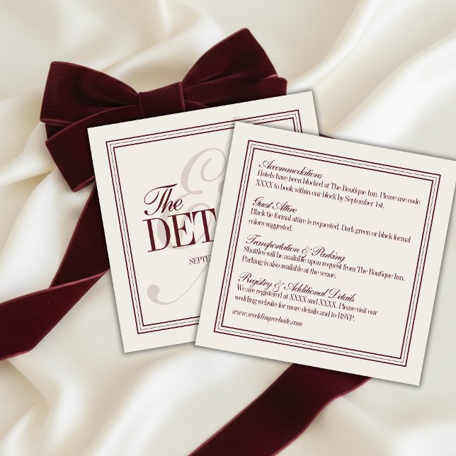 Elegant Script Burgundy Red Formal Wedding Details Tilläggskort (Elegant Script Burgundy Red Formal Wedding Details Enclosure Card)