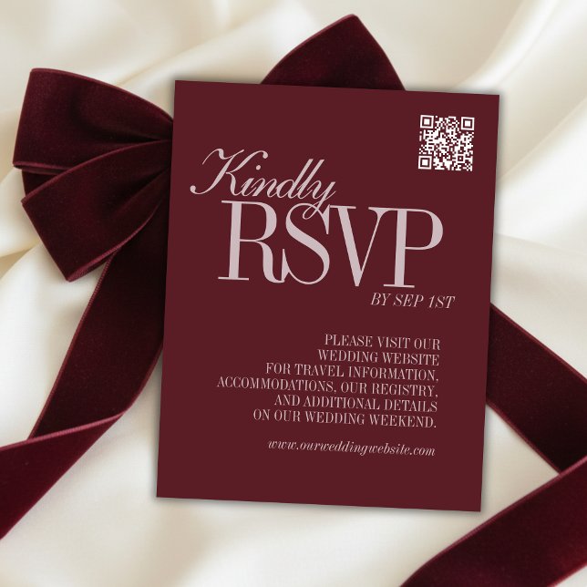 Elegant Script Burgundy Red QR Code Formal Wedding OSA Kort (Elegant Script Burgundy Red QR Code Formal Wedding RSVP Card)