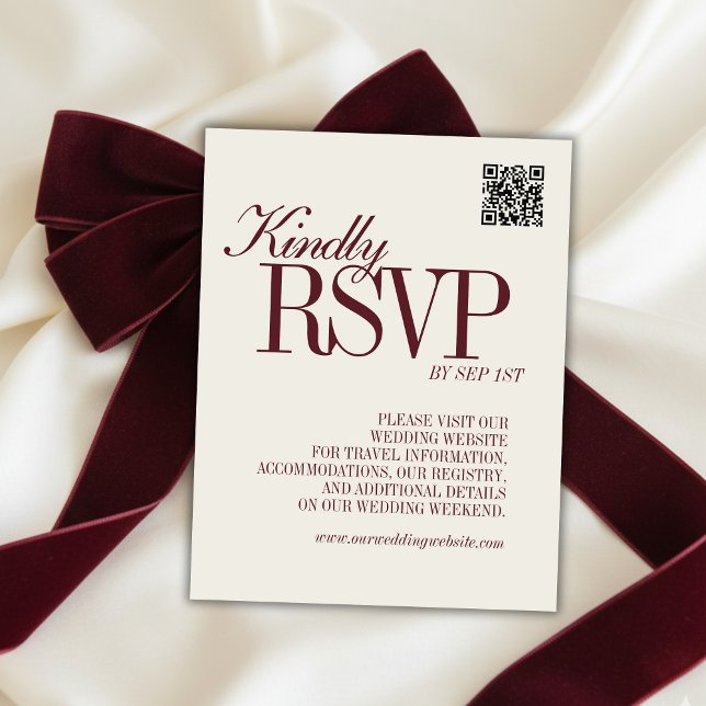 Elegant Script Burgundy Red QR Code Formal Wedding OSA Kort (Elegant Script Burgundy Red QR Code Formal Wedding RSVP Card)