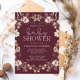 Elegant Script Burgundy Wildblomma Baby Shower Inbjudningar