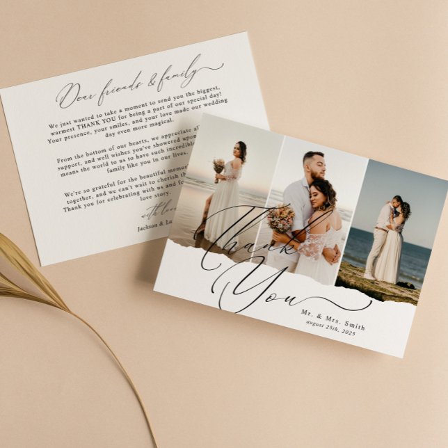 Elegant Script Calligraphy 3 Photo Collage Bröllop Tack Kort (Skapare uppladdad)