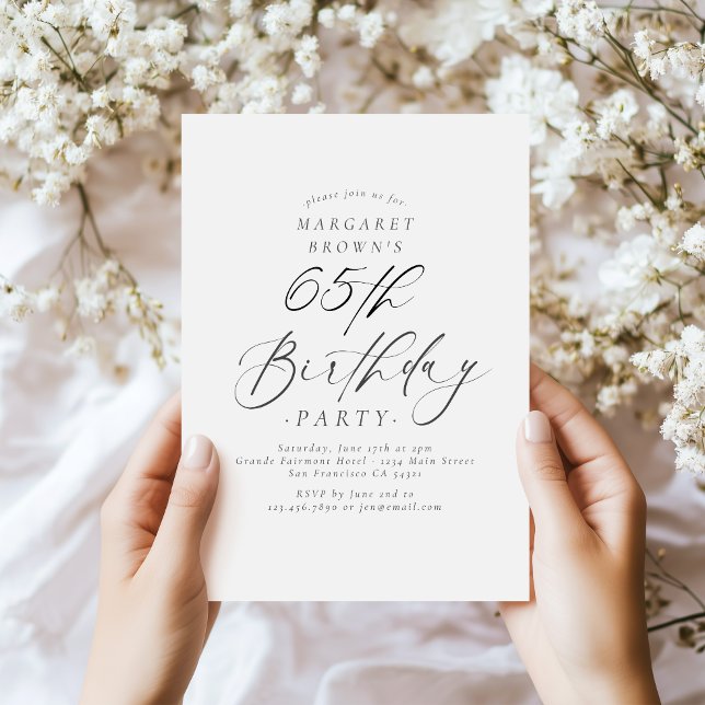 Elegant Script Calligraphy 65th Birthday Party Inbjudningar (Skapare uppladdad)