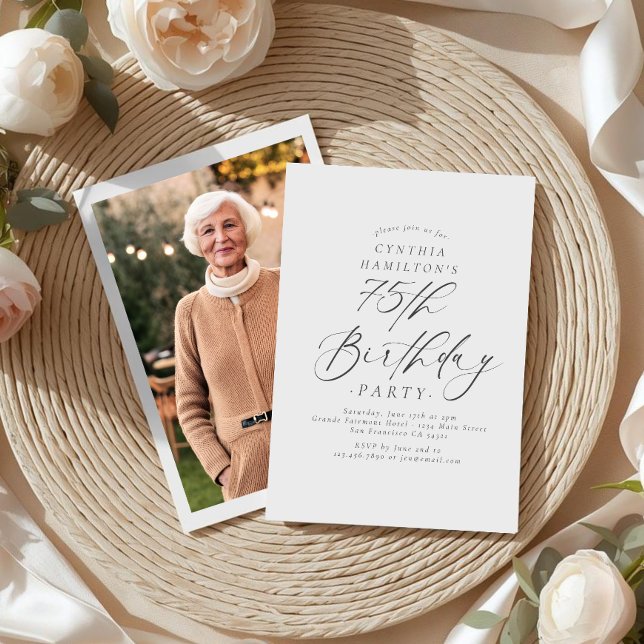 Elegant Script Calligraphy 75th Birthday Photo  Inbjudningar (Skapare uppladdad)