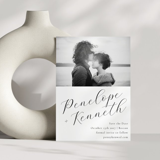 Elegant Script Calligraphy White Bröllop Photo Spara Datumet (Skapare uppladdad)