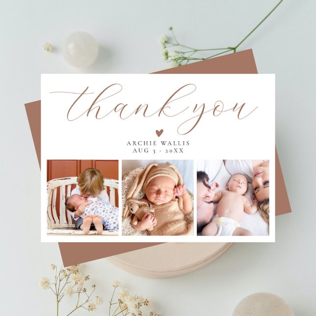 Elegant Script Chic Mocha Tre foto Baby Shower Tack Kort (Skapare uppladdad)