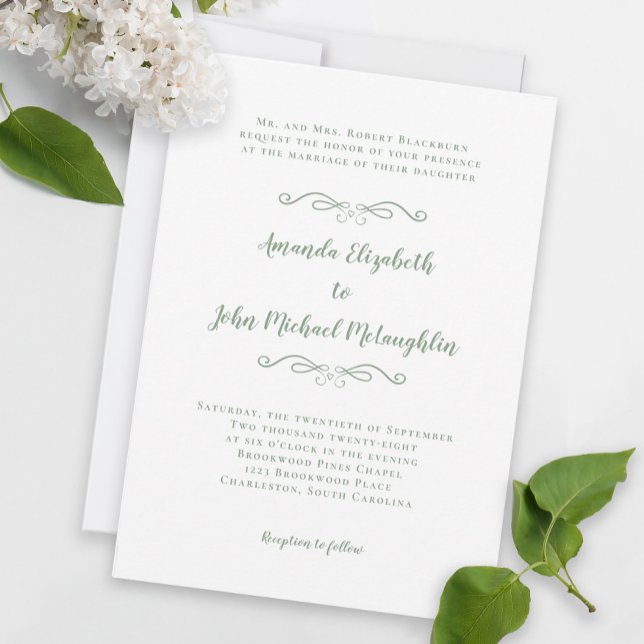 Elegant Script Classic Bröllop Sage Grönt White In Inbjudningar (Elegant Script Classic Wedding Sage Green White Invitation)