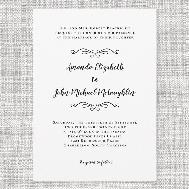 Elegant Script Classic - vanligt Bröllop-svart Inbjudningar (Elegant Script Classic Simple Formal Wedding Black Invitation)