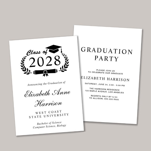 Elegant Script College Graduation Party Inbjudningar (An elegant college graduation party invitation to celebrate the graduate's achievements)
