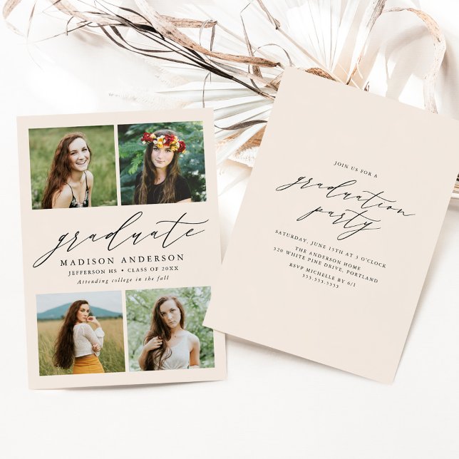 Elegant Script Cream 4 Photo Studentfest Inbjudningar (Skapare uppladdad)