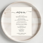 Elegant Script Cream Wedding Reception Meny<br><div class="desc">Elegant Ljusgräddbröllopsmiddagsmeny med "meny" i ett kalligrafiskt skript för chic med dekorationer,  din anpassade meny i enkel modern typografi,  ditt första namn gått med av ett hjärta och ditt mottagningsdatum.</div>