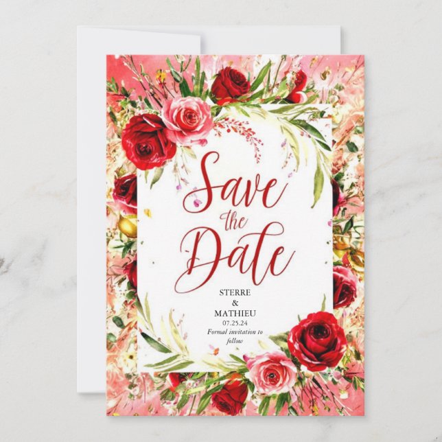 Elegant Script Crimson Röd ros Bröllop Spara Datumet (Framsida)