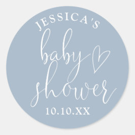 Elegant Script Damblå Baby Shower Favor Runt Klistermärke