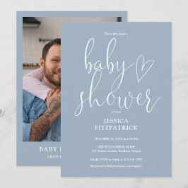 Elegant Script Dammig Blå Foto Baby Shower Inbjudningar