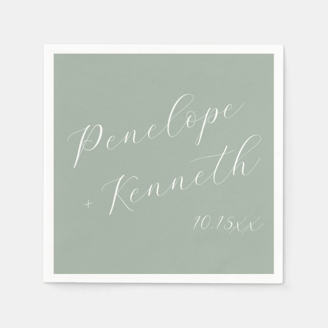 Elegant Script Dammigt Sagegrönt Bröllop Anpassat  Pappersservett (Framsidan)