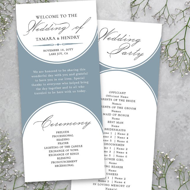 Elegant Script Dammtor Blue Bröllopsprogram (Elegant Dusty Blue Wedding Program  from my Wedding Colors Collection)
