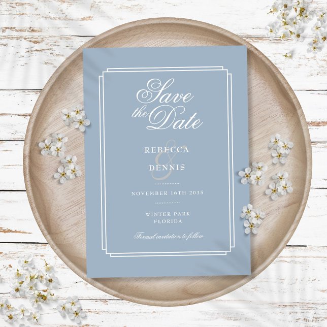Elegant Script Dusty Blue Art Deco Bröllop Spara Datumet (Elegant Script Dusty Blue Art Deco Wedding Save The Date)