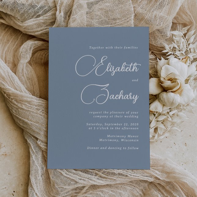 Elegant Script Dusty Blue Bröllop Inbjudningar (The perfect choice for a wedding with a dusty blue color palette.)