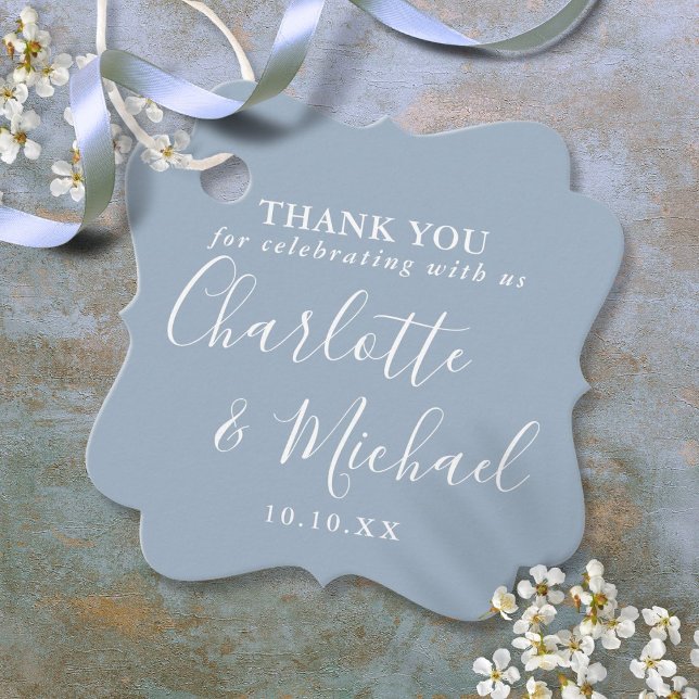 Elegant Script Dusty Blue Bröllop Tack Gåvor Etiketter (Elegant Script Dusty Blue Wedding Thank You Favor Tags)
