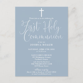 Elegant Script Dusty Blue First Heliga Communion Vykort