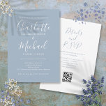 Elegant Script Dusty Blue Modern QR Code Bröllop Inbjudningar<br><div class="desc">Med namnteckning stil namn kan den här elegantens dammiga blåa bröllopsinbjudan vara personlig med all information om speciell bröllopsdag på framsidan,  din webbplatsinformation om bröllop och din QR-kod på baksidan. Designad av Thisisnotme©</div>