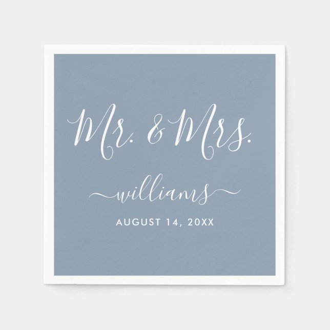 Elegant Script Dusty Blue Mr och Mrs. Pappersservett (Framsidan)