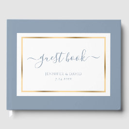Elegant Script Dusty Blue och Guld Bröllop Gästböcker