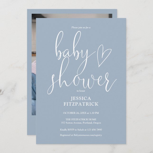 Elegant Script Dusty Blue Photo Baby Shower Inbjudningar (Fram/baksida)