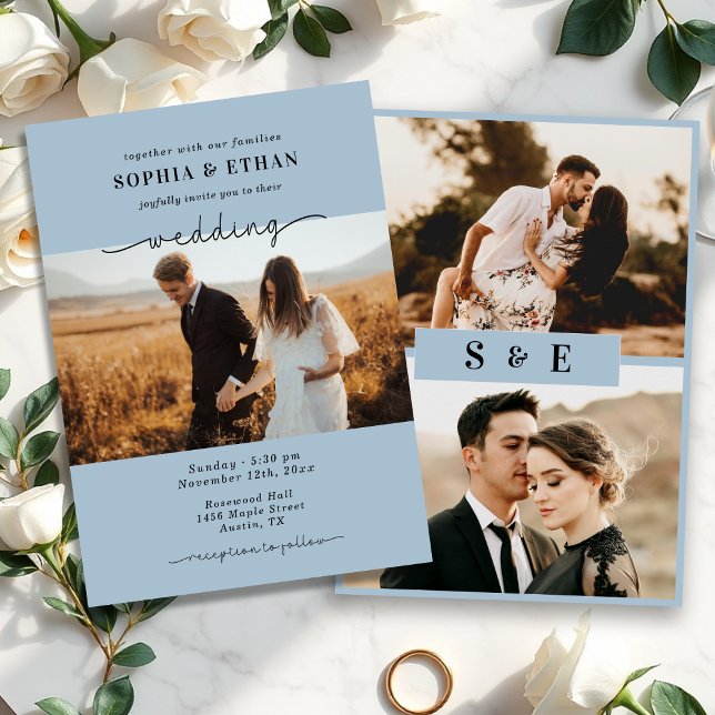 Elegant Script Dusty Blue Photo Bröllop Inbjudningar (Skapare uppladdad)