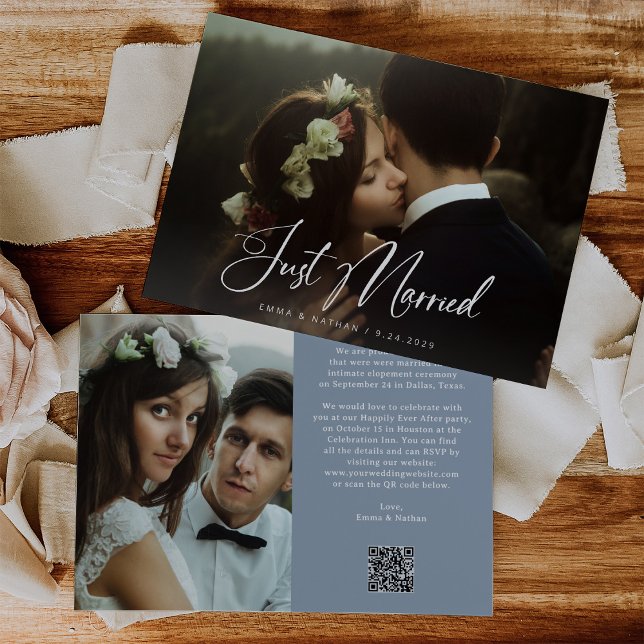 Elegant Script Dusty Blue | QR Code Just Married Inbjudningar (Skapare uppladdad)