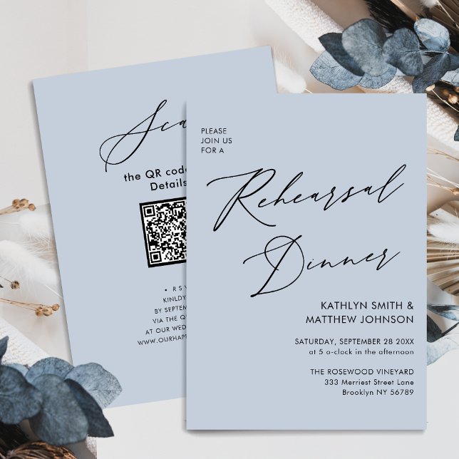 Elegant Script Dusty Blue Rehearsal Dinner QR Inbjudningar (Skapare uppladdad)