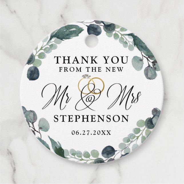 Elegant Script Eucalyptus Bröllop Tack Gåvor Etiketter (Framsida)