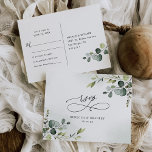 Elegant Script Eucalyptus Greenery Bröllop OSA Vykort<br><div class="desc">Det här anpassadet Postcard-bröllop är designat för att samordna med vår Boho Greenery Osa-samling och har vattenfärgsgrey eucalyptus-löv som ställs in mot en delikat vattenfärg som tvättar bakgrund med kalligrafisk grafiktext,  parad med ett klassserif och modernt sans-teckensnitt i svart. Matchande objekt är tillgängliga.</div>