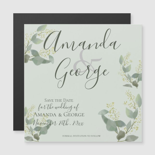 Elegant Script Eucalyptus Löv Save Date Magnetisk Inbjudningskort (Fram/baksida)