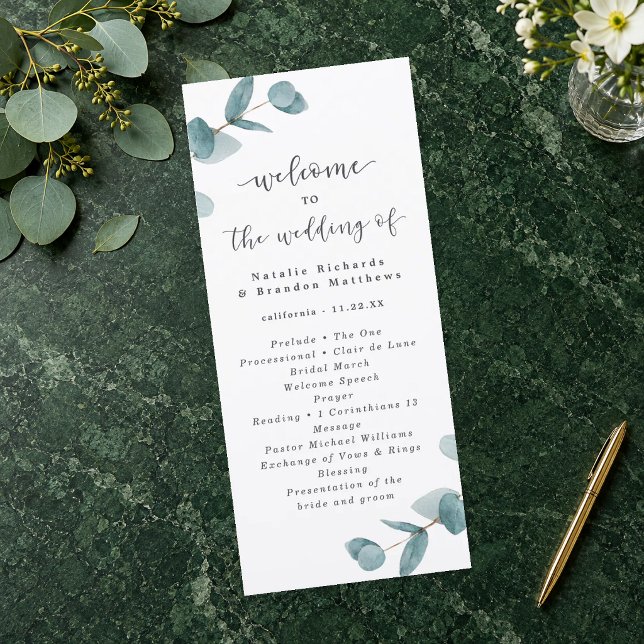 Elegant Script Eukalyptus Bröllopsceremoni Program (Eucalyptus Wedding Ceremony Program. Styling props not included.)