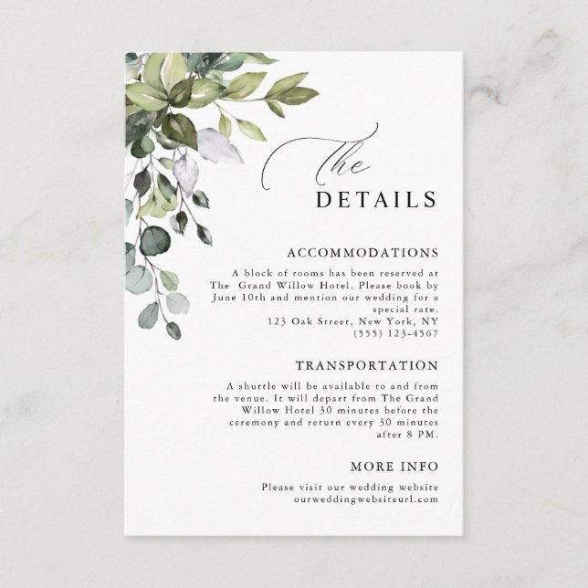 Elegant Script Eukalyptus Grönska Bröllopsdetaljer Tilläggskort (Framsida)