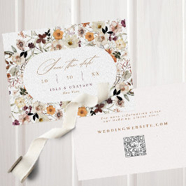 Elegant Script Fall Wildblommor QR Code Bröllop Spara Datumet