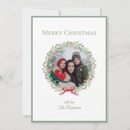 Elegant Script Familjefoto Krans God Jul Julkort