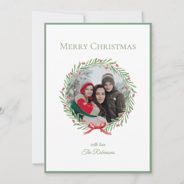 Elegant Script Familjefoto Krans God Jul Julkort (Framsida)