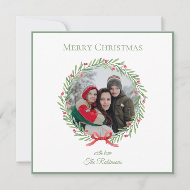 Elegant Script Familjefoto Krans God Jul Julkort (Framsida)