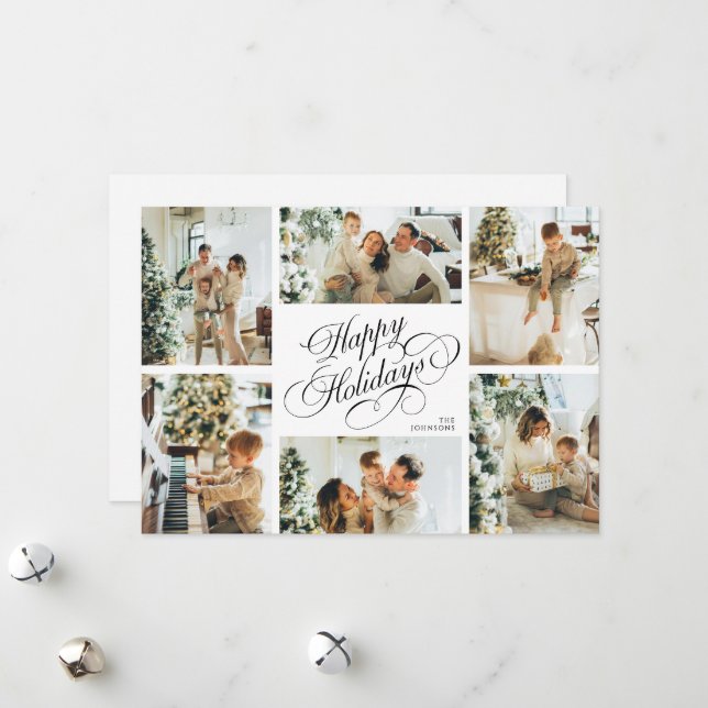 Elegant Script & Family Photo Collage Christmas Julkort (Fram/Back In Situ)