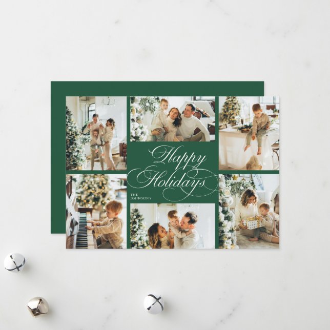Elegant Script & Family Photo Collage Christmas Julkort (Fram/Back In Situ)