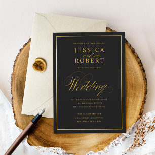 Elegant Script Faux Guld Gräns Black Bröllop Inbjudningar